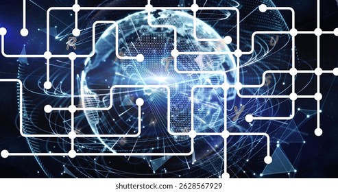 Image of network o connections over globe. global connections, data processing and digital interface concept digitally generated image.