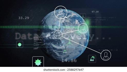 Image of network of people icons and data processing over globe in night sky. Data, digital interface, economy, connection and global communication, digitally generated image.