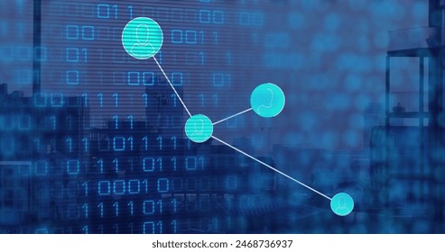 Image of network of profile icons and binary coding against aerial view of cityscape. Global networking and business technology concept
