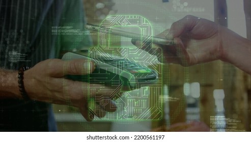 Image of network security padlock over people using payment terminal. global communication and data security concept digitally generated image.