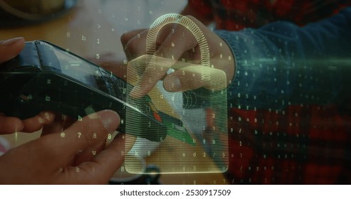 Image of network security padlock over people using payment terminal. global communication and data security concept digitally generated image. - Powered by Shutterstock