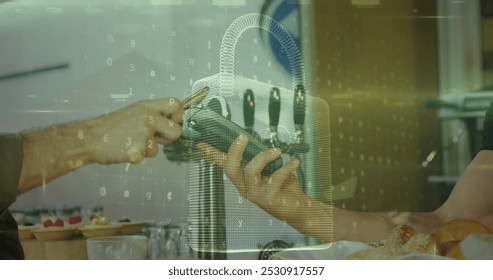 Image of network security padlock over people using payment terminal. global communication and data security concept digitally generated image. - Powered by Shutterstock