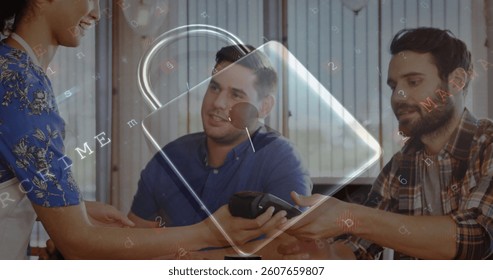 Image of network security padlock over people using payment terminal. global communication and data security concept digitally generated image.