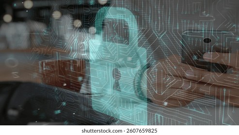 Image of network security padlock over people using payment terminal. global communication and data security concept digitally generated image.