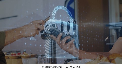 Image of network security padlock over people using payment terminal. global communication and data security concept digitally generated image.