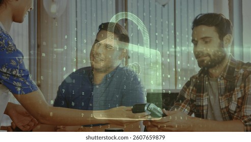 Image of network security padlock over people using payment terminal. global communication and data security concept digitally generated image.