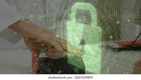 Image of network security padlock over people using payment terminal. global communication and data security concept digitally generated image.