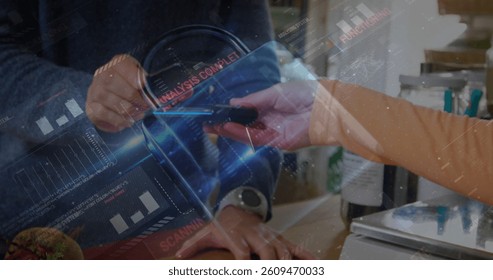 Image of network security padlock over people using payment terminal. global communication and data security concept digitally generated image.