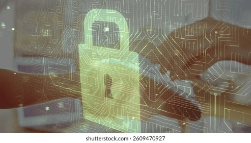 Image of network security padlock over people using payment terminal. global communication and data security concept digitally generated image.
