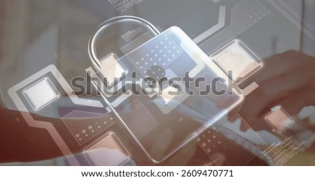 Image of network security padlock over people using payment terminal. global communication and data security concept digitally generated image.