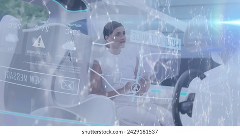Image of networks of connections and data processing over woman using tablet in car. digital interface global technology connection concept digitally generated image.