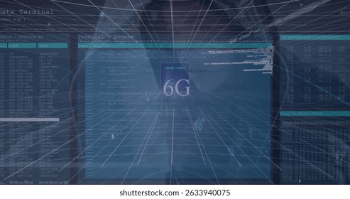 Image of networks of connections and data processing over black background. Global connections technology digital interface and connections concept digitally generated image.