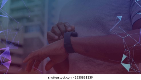 Image of networks of connections over man using smartwatch in background. global networks, connections and technology concept digitally generated image. - Powered by Shutterstock