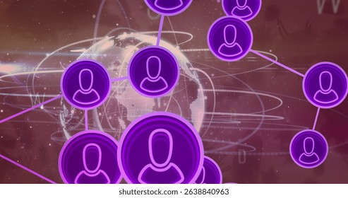 Image of networks of connections with people icons over globe. Global computing, connections, data processing and digital interface concept digitally generated image.