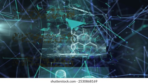 Image of networks of connections and scientific data processing over screens. Global business, finance and data processing concept digitally generated image.