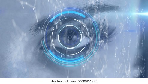 Image of networks of connections and scope scanning over woman eye. digital interface, identity and technology concept digitally generated image. - Powered by Shutterstock