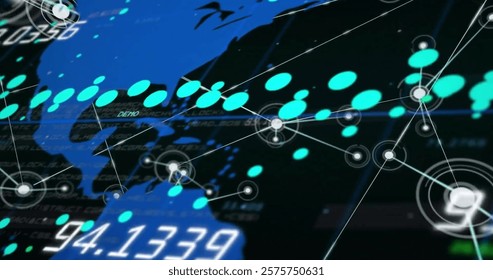 Image of networks and digital data processing over world map. Global connections, computing and data processing concept digitally generated image.