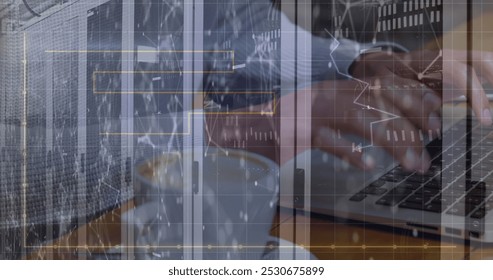 Image of networks and financial data processing over man using laptop. Global computing, business, finance and data processing concept digitally generated image.