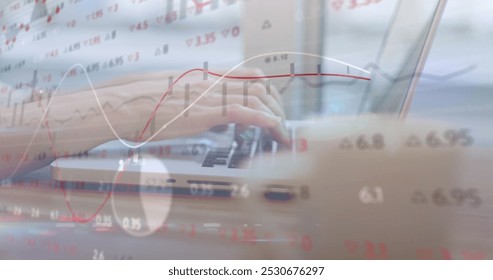 Image of networks and financial data processing over woman using laptop. Global computing, business, finance and data processing concept digitally generated image.