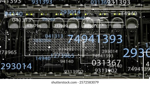 Image of networks and interfaces data processing over server room. Network, data, digital interface and communication, digitally generated image.