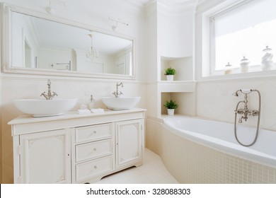 Image Of New Elegant Bathroom With White Fittings