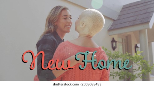 Image of new home text over gay lesbian couple embracing by house. New home, love, relationship, property and happiness concept digitally generated image. - Powered by Shutterstock