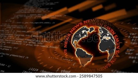 Image of news text and data processing over globe. Global news, business, connections, computing and data processing concept digitally generated image.