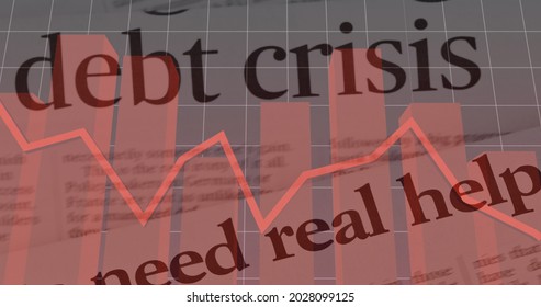 Image Of Newspaper Headline With Debt Crisis Text Over Financial Data Processing Statistic Recording In The Background. Global Finance Business Economy Crisis Concept Digitally Generated Image.