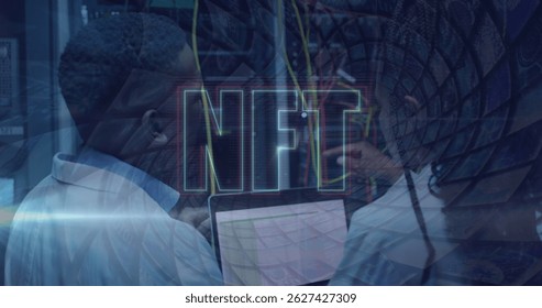 Image of nft and data processing over diverse it engineers by computer servers. Global data processing, servers and cloud computing concept digitally generated image.