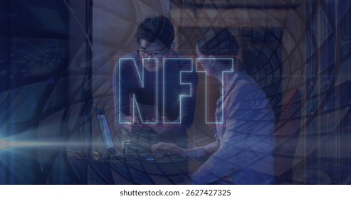Image of nft and data processing over diverse it engineers by computer servers. Global data processing, servers and cloud computing concept digitally generated image.