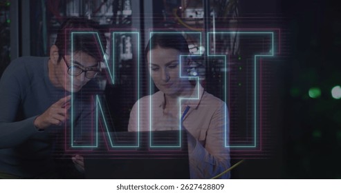 Image of nft and data processing over diverse it engineers by computer servers. Global data processing, servers and cloud computing concept digitally generated image. - Powered by Shutterstock - Get 15% off with code: PIKWIZARD15