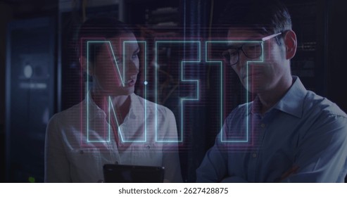 Image of nft and data processing over diverse it engineers by computer servers. Global data processing, servers and cloud computing concept digitally generated image.