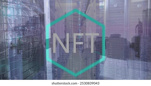 Image of nft logo over computer server room. Global business, finance, non fungible tokens and cryptocurrency concept digitally generated image.