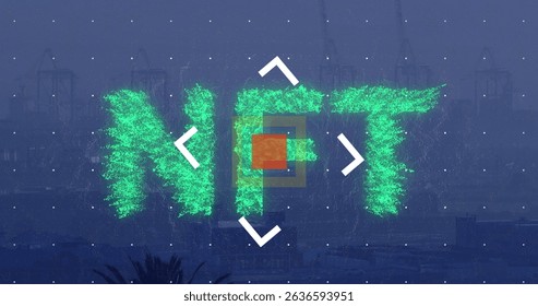 Image of nft over cityscape. Digital resources, data processing, network and technology concept digitally generated image.