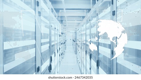 Image of nft text banner, spinning globe and light trails against computer server room. Cryptocurrency and business data storage technology concept