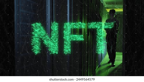 Image of nft text, data processing, asian male it engineer over computer servers. Global cryptocurrency, business, finances, computing and data processing concept digitally generated image.
