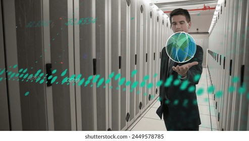 Image of nft text, data processing and caucasian businessman over computer servers. Global cryptocurrency, business, finances, computing and data processing concept digitally generated image.
