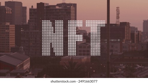 Image of nft text and data processing over cityscape. Global cryptocurrency, business, finance, networks, computing and data processing concept digitally generated image.