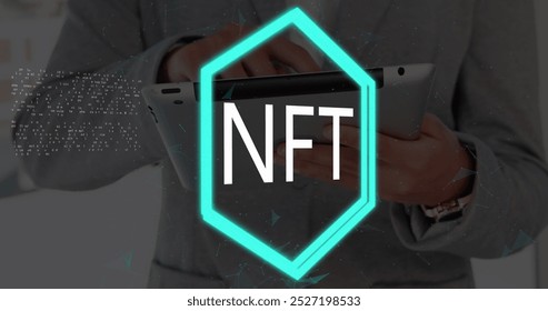 Image of nft text and data processing over caucasian businessman using tablet. Global business, computing and digital interface concept digitally generated image.