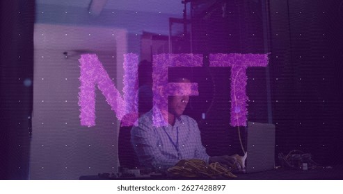 Image of nft text and data processing over african american male it engineer by computer servers. Global data processing, servers and cloud computing concept digitally generated image.