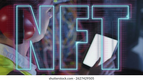 Image of nft text and data processing over caucasian female it engineer by computer servers. Global data processing, servers and cloud computing concept digitally generated image.