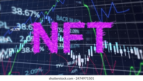 Image of nft text and financial data processing over dark background. Global business, finances, cloud computing and data processing concept digitally generated image.