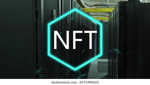 Image of nft text in illuminated hexagon against server room in background. Digital composite, multiple exposure, cryptocurrency, banking, technology and network server concept. - Powered by Shutterstock - Get 15% off with code: PIKWIZARD15