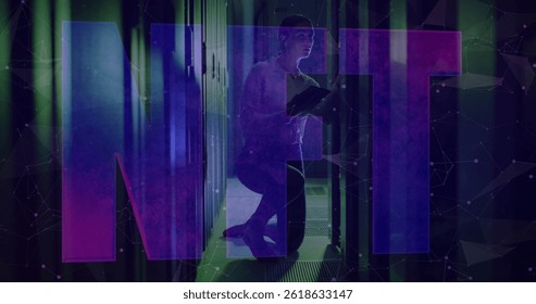 Image of nft text over caucasian female worker in server room. global technology and digital interface concept digitally generated image.