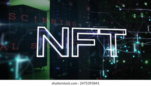 Image of nft text over computer servers. Global cryptocurrency, digital interface, cloud computing and data processing concept digitally generated image.