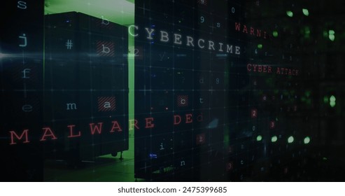 Image of nft text over computer servers. Global cryptocurrency, digital interface, cloud computing and data processing concept digitally generated image.