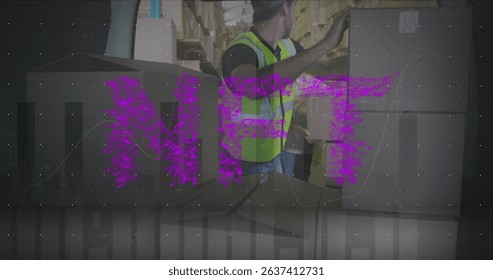 Image of nft text over delivery man next to a car. Global business, finances, connections, technology, data processing and digital interface concept digitally generated image.