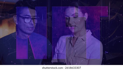 Image of nft text over diverse workers in server room. global technology and digital interface concept digitally generated image.