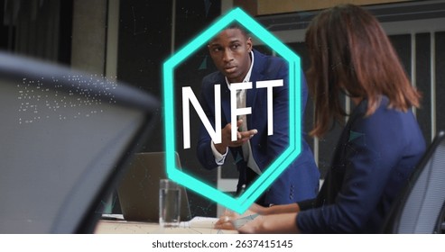 Image of nft text over diverse business people in office. Global business and digital interface concept digitally generated image.