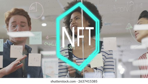 Image of nft text over diverse business people in office. Global business and digital interface concept digitally generated image.